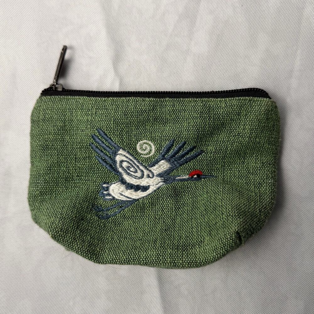 Embroidered Crane Coin Purse Green Woven Cotton Zip Pouch Made Nepal Bird Gift